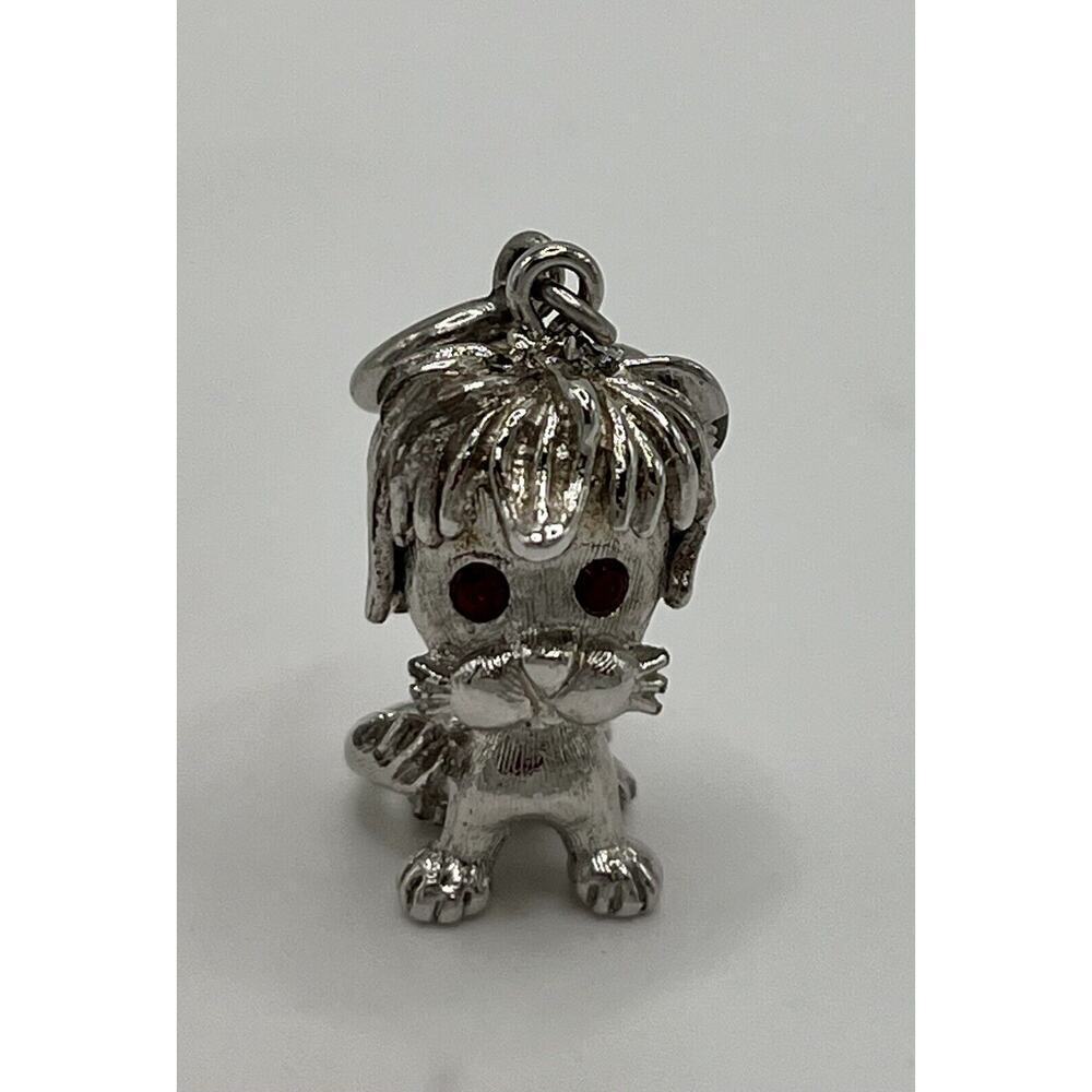Vintage Monet Silvertone Red Rhinestone Eye Lion Pendant Charm Brushed Finish